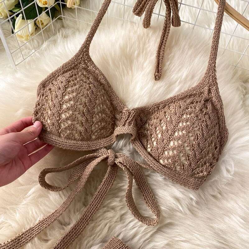 Seaside Hot Spring Resort Set Womens Summer Sexy Bikini Strap Hanging Neck Design with Hollow Knitted Wide Leg Pants Pregnant Womens Dress BOHO DRESS