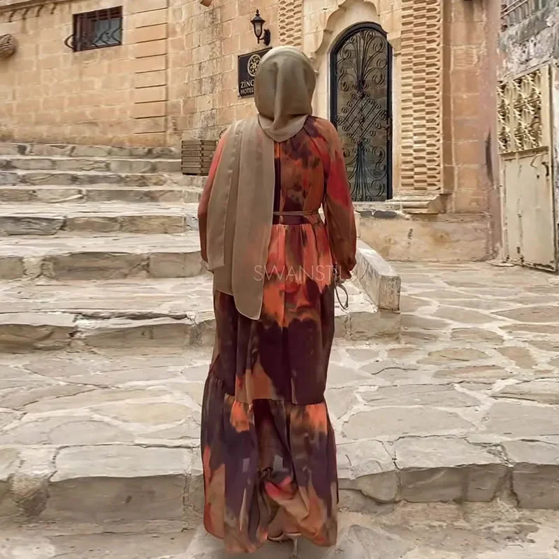 Modest Dubai Abaya Islam Ramadan Robe Femme Kaftan Formal Evening Maxi Dresses Muslim Fashion Women Chiffon Print Long Dress 240712