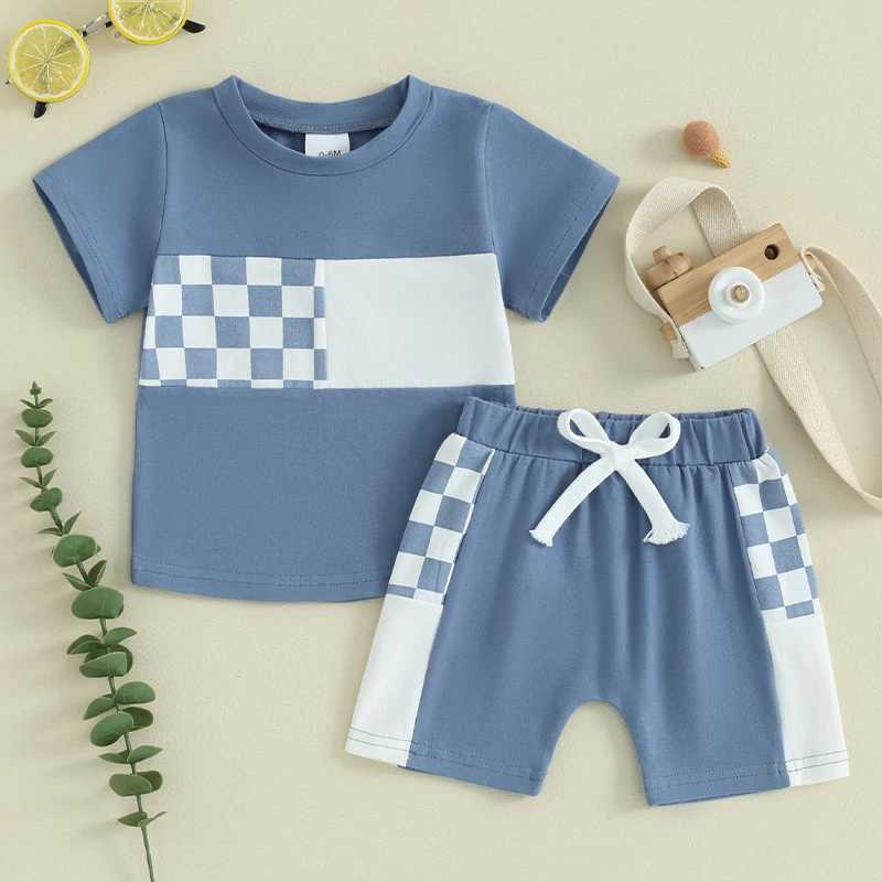 Clothing Sets Baby Boy Summer Outfits Clothing Set Plaid Patchwork Short Sleeve T-Shirt and Elastic Shorts Set Toddler Children Clothes