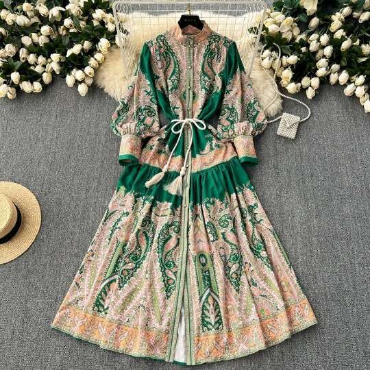 New Elegant and Ethnic Style Standing Neck with Single Breasted Waist for Slimming Print French Long Womens Dress Temperament Sexy Denim Dress BOHO DR