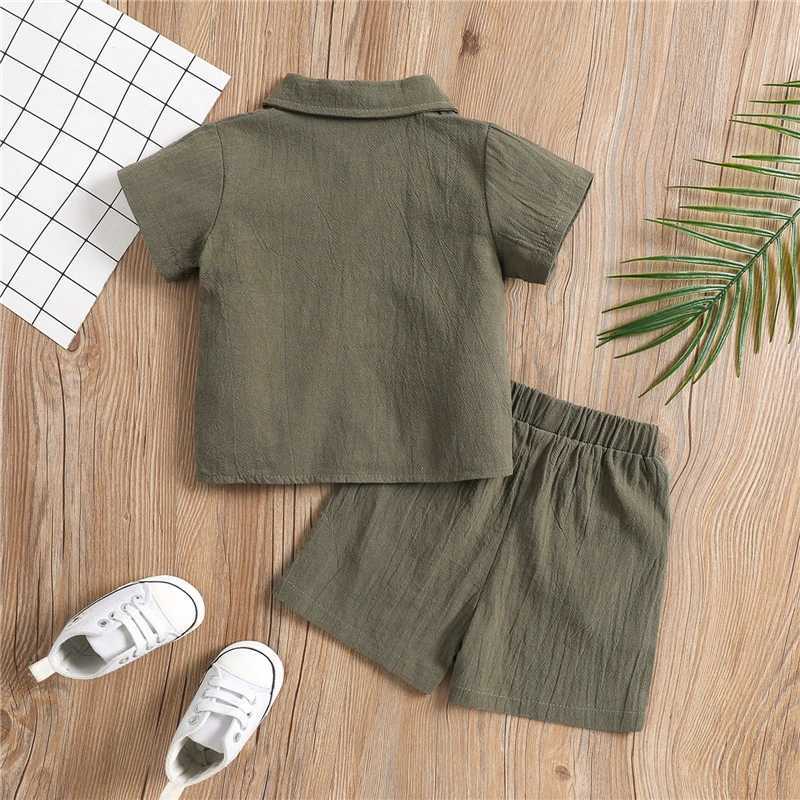 Clothing Sets Little Boys Cotton Flax Outfit Toddlers Summer Solid Color Lapel Short Sleeve Single-breasted Shirt Tops + Elastic Waist Shorts