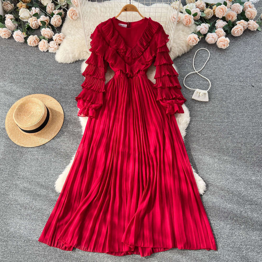 New Fungus Ruffled V-neck Cake Sleeves, Waist Cinched Pleated Long Skirt, Formal Dress Sexy Dress Fishtail Dress Loose Sexy Pregnant Womens Dress Lace