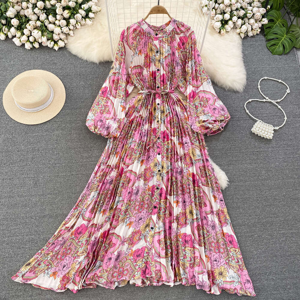 High End Light Luxury Temperament Lantern Sleeved Round Neck with Waistband for Slimming Effect, Single Breasted Printed Dress, Elegant Long Skirt