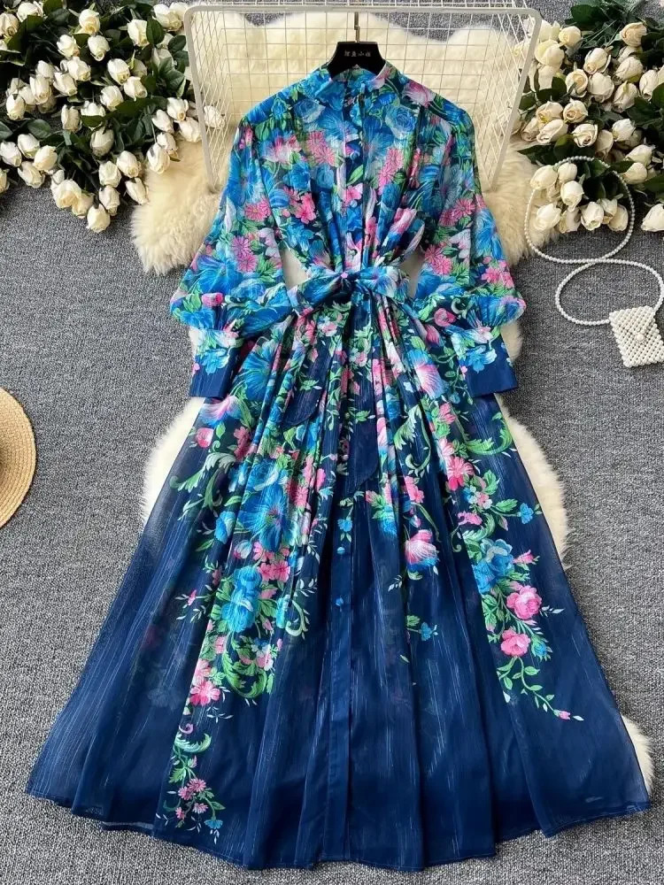 TRAF Summer Bright Silk Chiffon Gorgeous Flower A Line Dress Womens Stand Lantern Sleeve Sashes Print Loose Robe Vestidos 240712