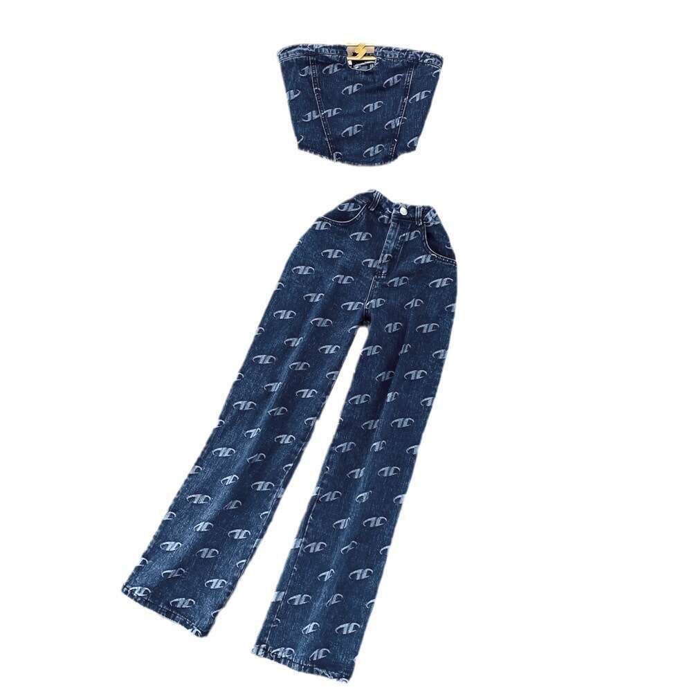 Fashion Womens American Style, Strapless Denim Vest, Two-piece Set, Casual High Waisted Slim Straight Pants Bifurcated Waist Silk Dress Denim Dress