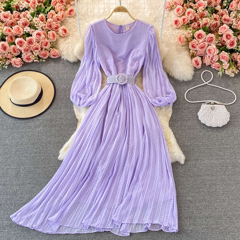 Super Immortal Sanya Resort Beach Skirt with Elegant Waist, Big Swing Round Neck, Hundred Fold Wave Point Chiffon Dress High Waist Dress Pregnant Wome