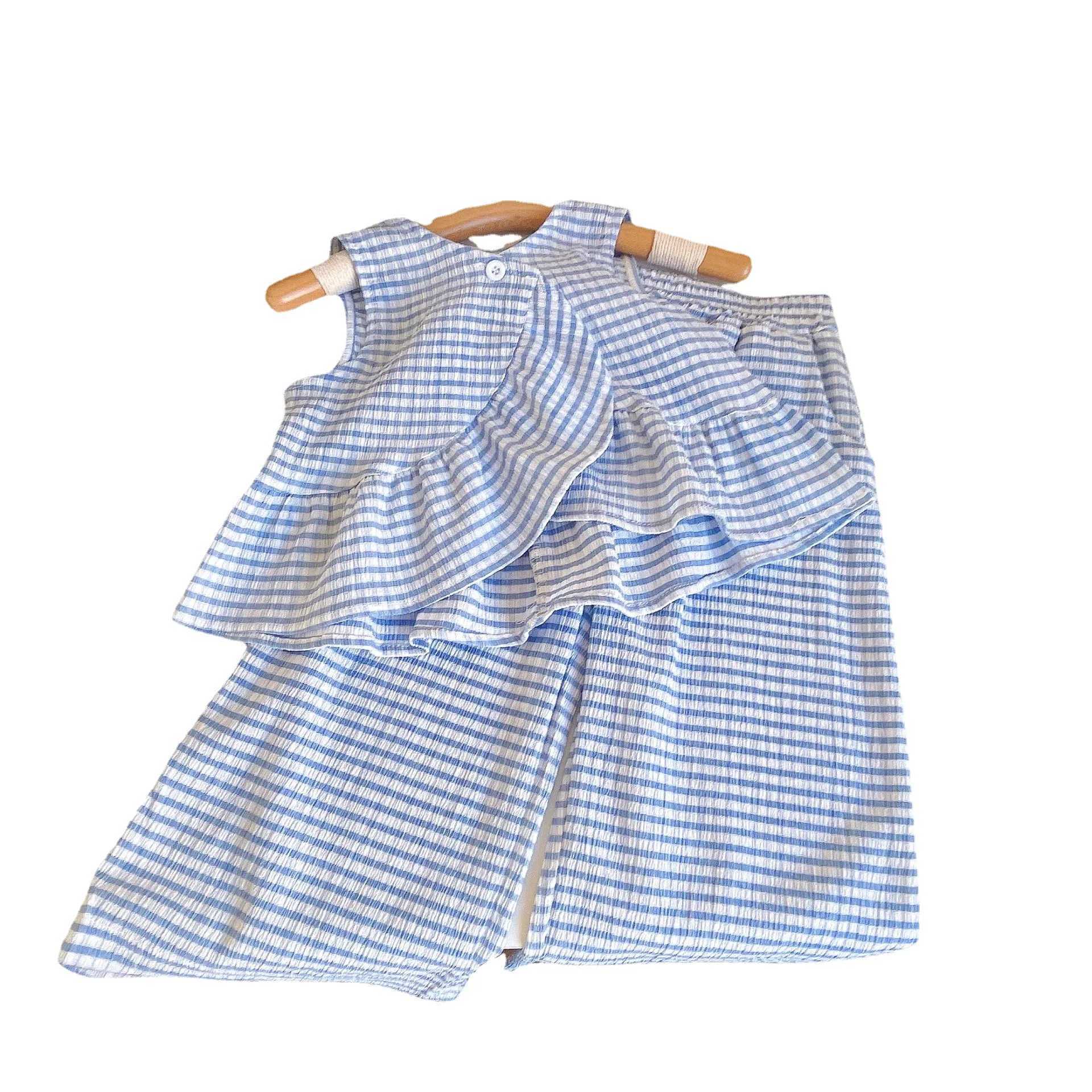 Clothing Sets Children S Sets 2023 Summer Tops Sleeveless A-line Pullover Wide Leg Pants Elastic Waist Cotton Plaid Sweet Fashion Casual Girl