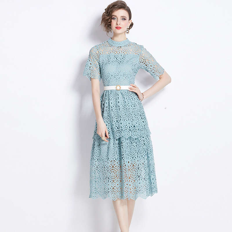 Light Luxury Heavy Industry Hollowed Out Carved Lace for Womens High Grade Multi Layered Ruffle Edge Cake Dress, Celebrity Style Dress SKINNY DRESS
