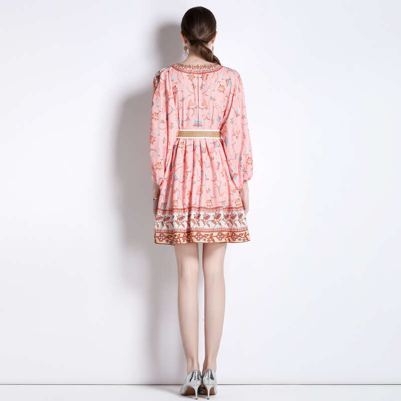 Dress 2023 Spring/summer New Minimalist Print Elegant Temperament Short V-neck Dress Floral Dress Long Summer Dress Temperament Waist Novelty Silk Dre