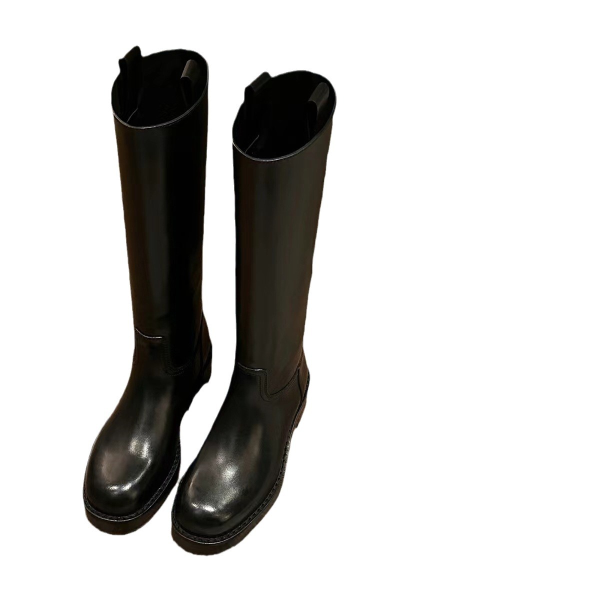 Collectible cowhide square round headed straight tube high rise thick soled knight boots for women