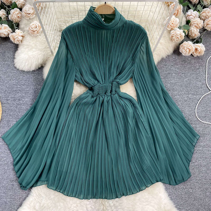 High End Pleated Flared Sleeves High Necked Dress for Womens Spring/summer French Light Luxury, Niche Design, Waist Cinching Chiffon Skirt Silk Dress
