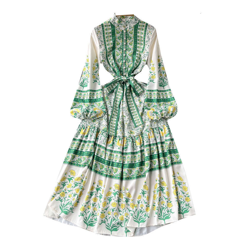 Spring Clothing New Printed Fashionable Ruffle Edge for Women with Waist Cinching and Straps, Large Swing Long Skirt Dress Temperament Silk Dress Lace