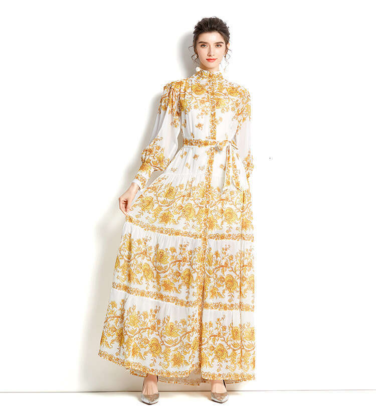 Design -2022 Standing Neck Lantern Sleeves Single Flap Wave Edge Long Printed Dress Autumn Dress Women Temperament Self-cultivation SKINNY DRESS