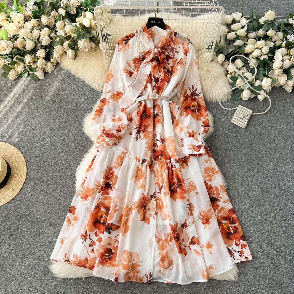 2024 Early Spring New French Bow Neck with Waist Closure for Slimming Mid Length Printed Style Dress Sexy Waist Temperament Self-cultivation Denim Dre