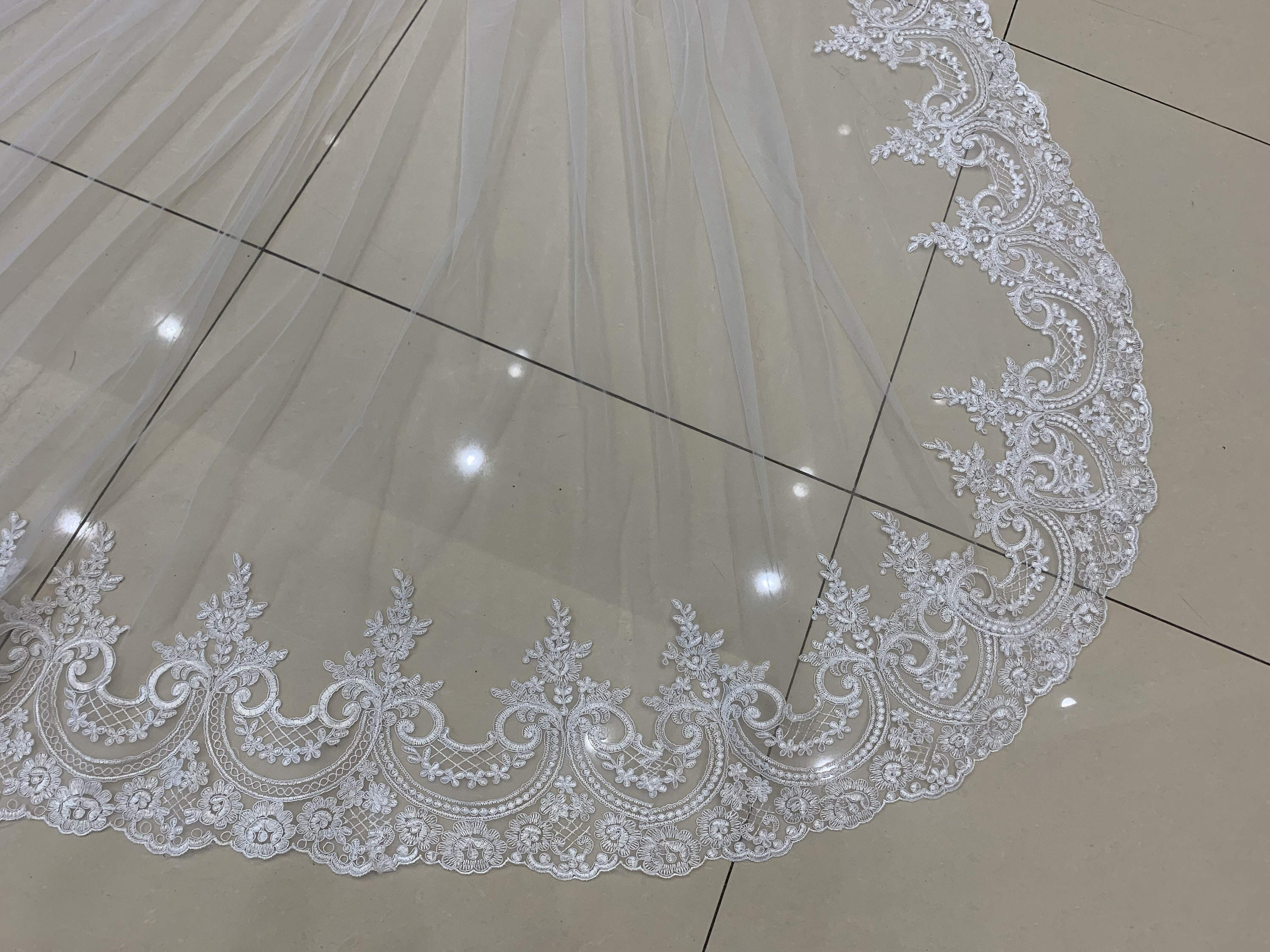 Modern Wedding Veil Appliques Lace Long Royal Bridal Veil Cathedral Special Cut with Comb Veil 3M White Ivory Wedding Accessories