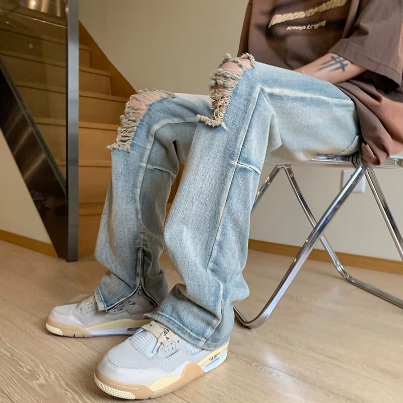Yellow mud ripped jeans summer thin American high street men's trendy pants style zipper slightly flared