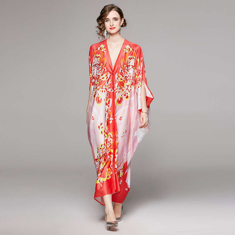 Beach Skirt, Spring and Summer Womens Clothing, Temperament, Printed Fashion, Versatile, One Line Neck, Loose Tie Up Dress Pregnant Womens Dress SKINN