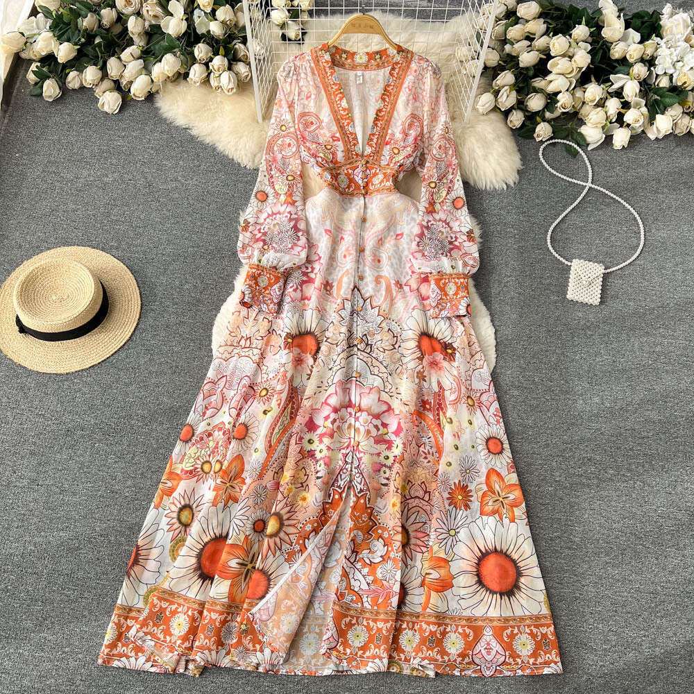 Spring and Autumn Seasonal Fake French V-neck Long Sleeved Printed Womens Waist Wrapped A-line Large Swing Dress Short Bifurcated Oversize Dress Lace 