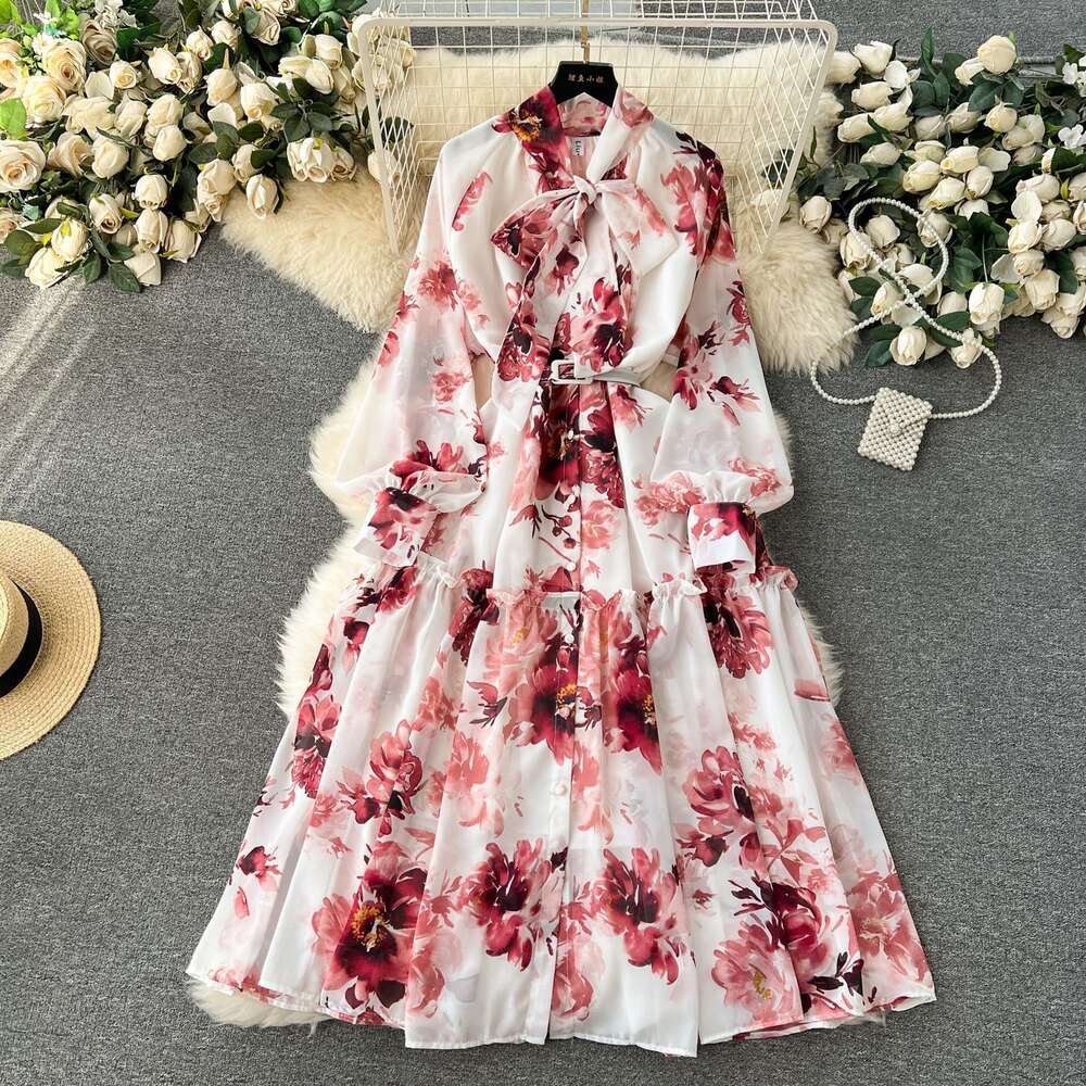 2024 Early Spring New French Bow Neck with Waist Closure for Slimming Mid Length Printed Style Dress Sexy Waist Temperament Self-cultivation Denim Dre