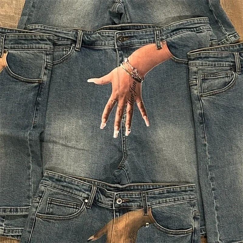 Harajuku Hip Hop Blue Baggy Hand Print Short 2024 Streetwear Y2K jeans Gothic Sweatpants Denim Clothing 240702