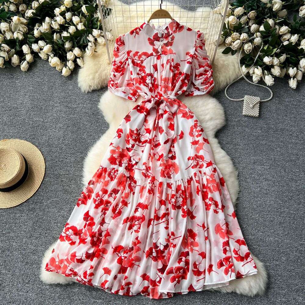 Summer Design Feeling Pleated Bubble Sleeve Dress Women with Waist Cinching Strap for Slimming Temperament, Ruffle Edge Printed Chiffon Skirt Oversize