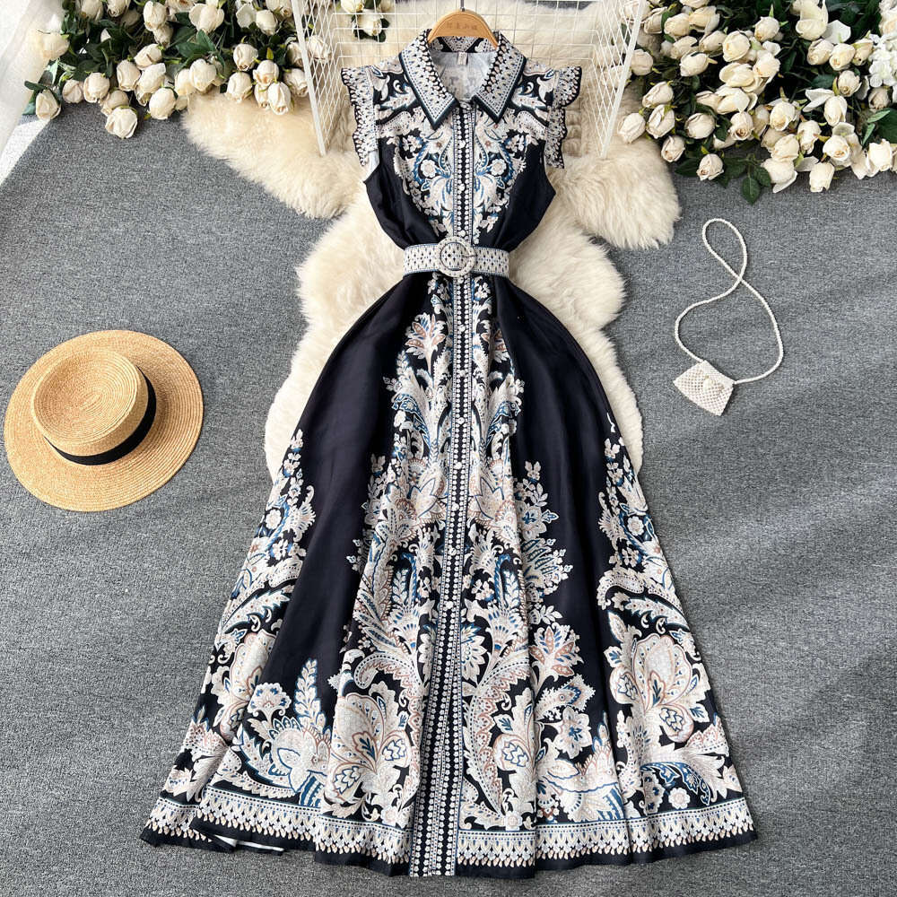 Summer Lapel Sleeveless Printed Dress for Women in French Court Style with A Waistband and Large Hem, A-line Long Skirt Autumn Dress Women Short Sexy 