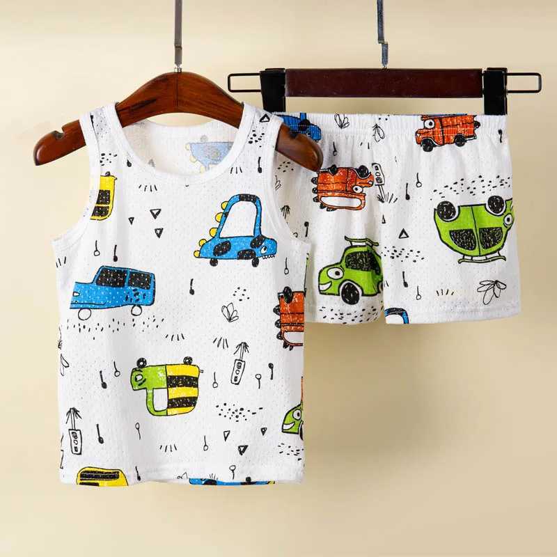 Cat pajamas for girls cotton summer clothes sleeveless children aged 1 to 9 lounge for boys dinosaur car printed pajamasW240716