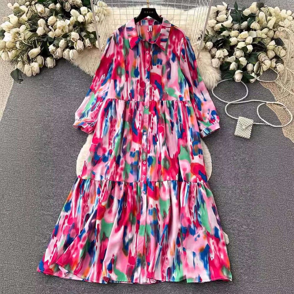 Small High-end Feeling Halo Dyed Printed Dress for Women, Lazy, Casual, Loose and Slimming A-line Large Hem Shirt Skirt Pregnant Womens Dress SKINNY D