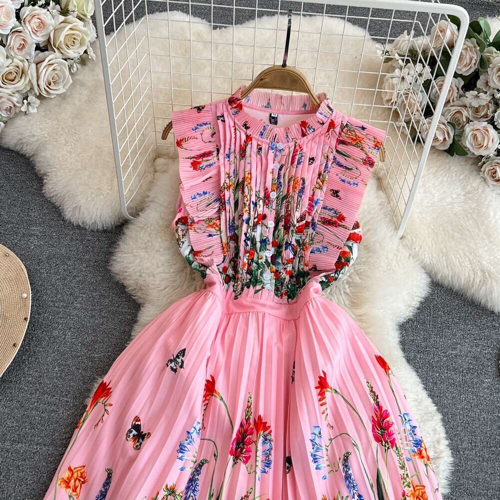 Summer Haute Couture, Socialite Temperament, Flying Sleeves, Stand Up Collar, Waist Up, Slim A-line Pleated Dress, Elegant Large Hem Skirt Lace Dress