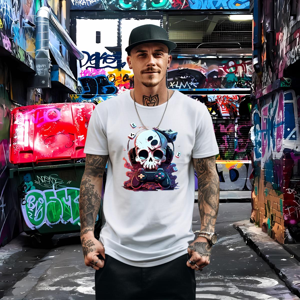 Comfortable Mens T Shirts Skeleton 230g Cotton Anime Printing Street Breathable Crew Neck Cotton Men Tshirts Classic Oversized 3XL 4XL Wear