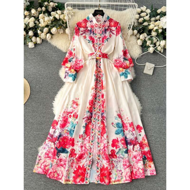 Palace French Elegant for Womens Spring and Autumn New High Grade Standing Neck Lantern Long Sleeve Waist Wrapped Print Dress Pregnant Womens Dress La