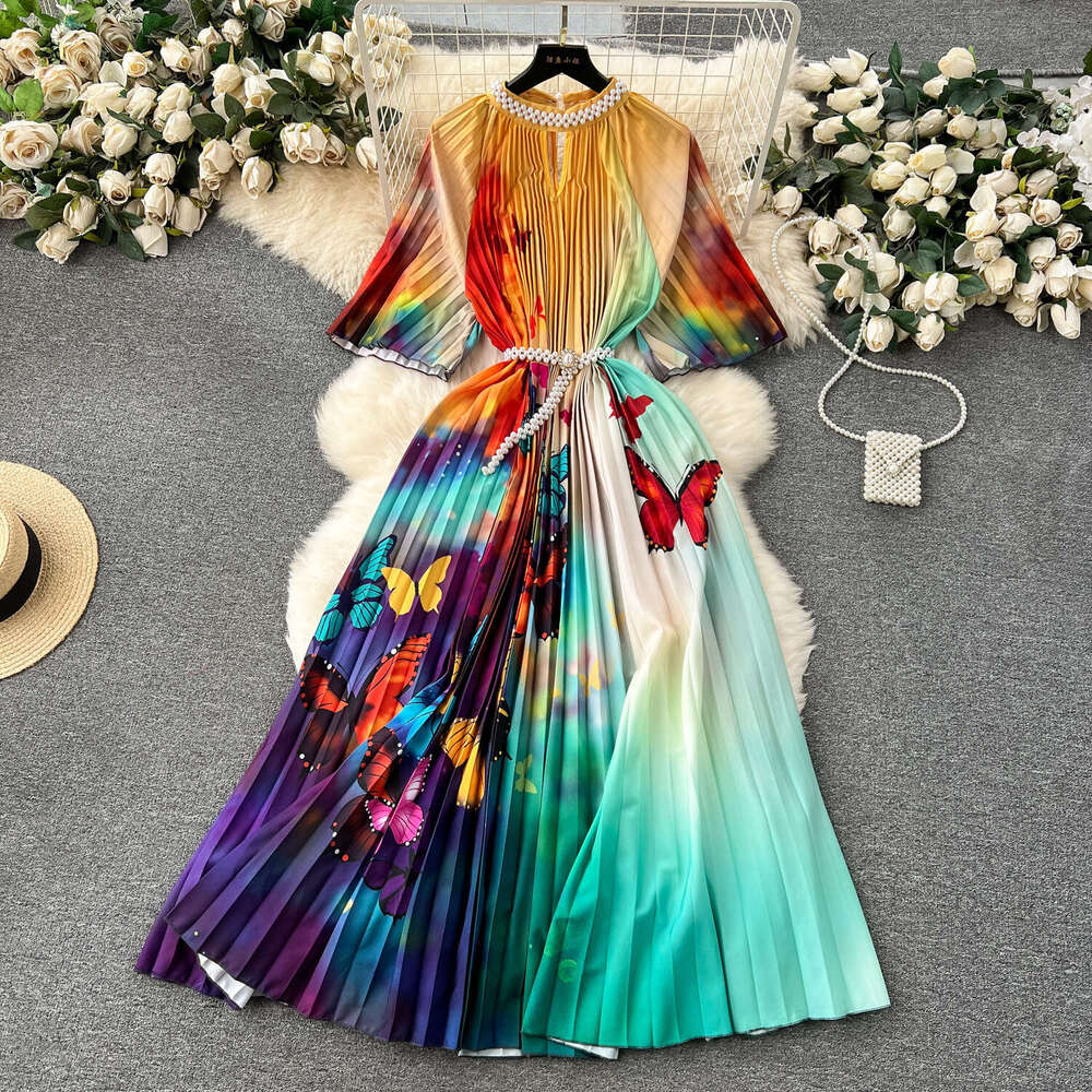 European Oversized Womens Clothing, High-end Printing, Heavy-duty Beaded Long Dress, Pleated Skirt, Temperament Dress for Women Waist Denim Dress SKIN