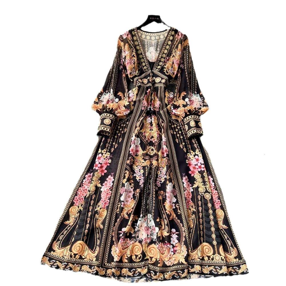 European Design, Print, Sexy Deep V-neck, Button Up, Slim Long Bubble Sleeves, Elegant and Stylish Floral Dress Novelty Short Lace Dress High Waist Dr
