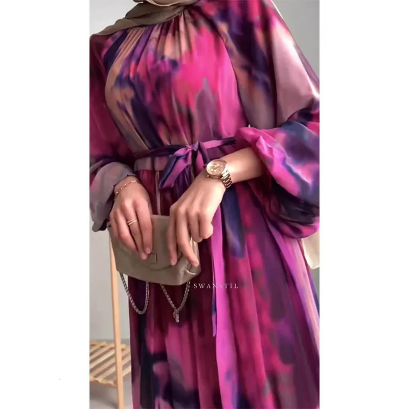Modest Dubai Abaya Islam Ramadan Robe Femme Kaftan Formal Evening Maxi Dresses Muslim Fashion Women Chiffon Print Long Dress 240712