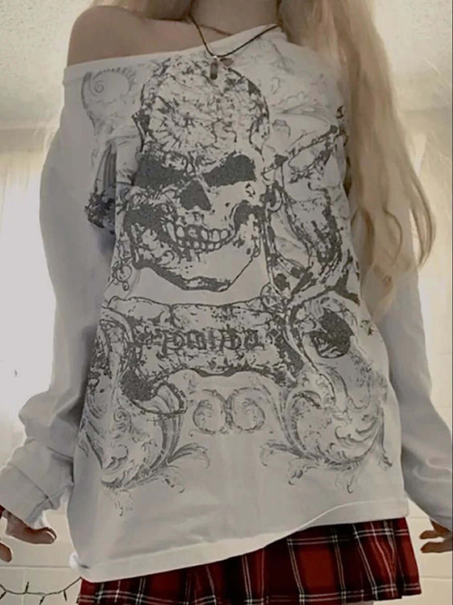 Halloween Womens Long Sleeve Off Shoulder Skull Print Pullover Punk Tops Y2K Grunge Fairy TShirt Street 240715