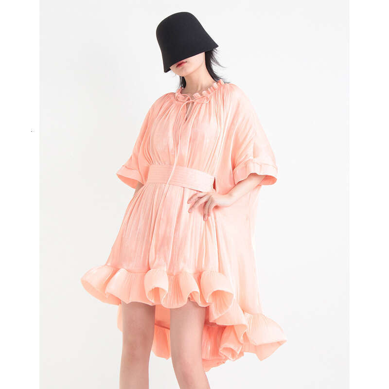 French Celebrity Party 2023 Summer Round Neck Wooden Ear Strap Design with Waist Closure Cape Dress Chiffon Floral Dress Temperament Sexy Novelty Silk