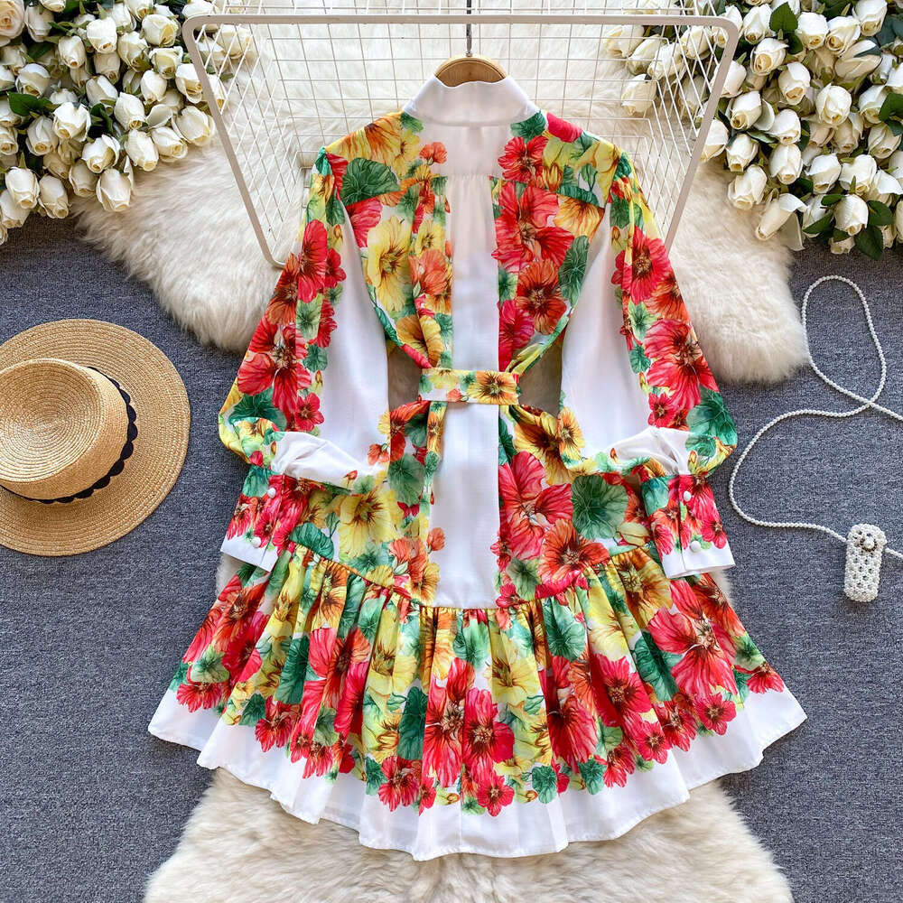 Fanhua Series Palace Style Spring Dress, Womens Design, Printed Slim Fit Short Style, High-end Small Dress Gift Loose Short Bifurcated Round Neck Dres