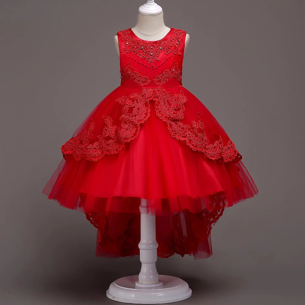 Girls Puffy Princess Sleeveless Beaded Flowers Embroidery Tulle Lace Tutu Dress For Evening Birthday Party Kids Clothes #584 240708
