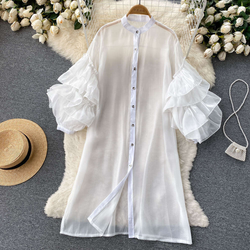 Spring Style Western-style Design with French Ruffle Edge and Three-dimensional Flower Sleeves, Loose Single Breasted Dress High Waist Dress Oversize 