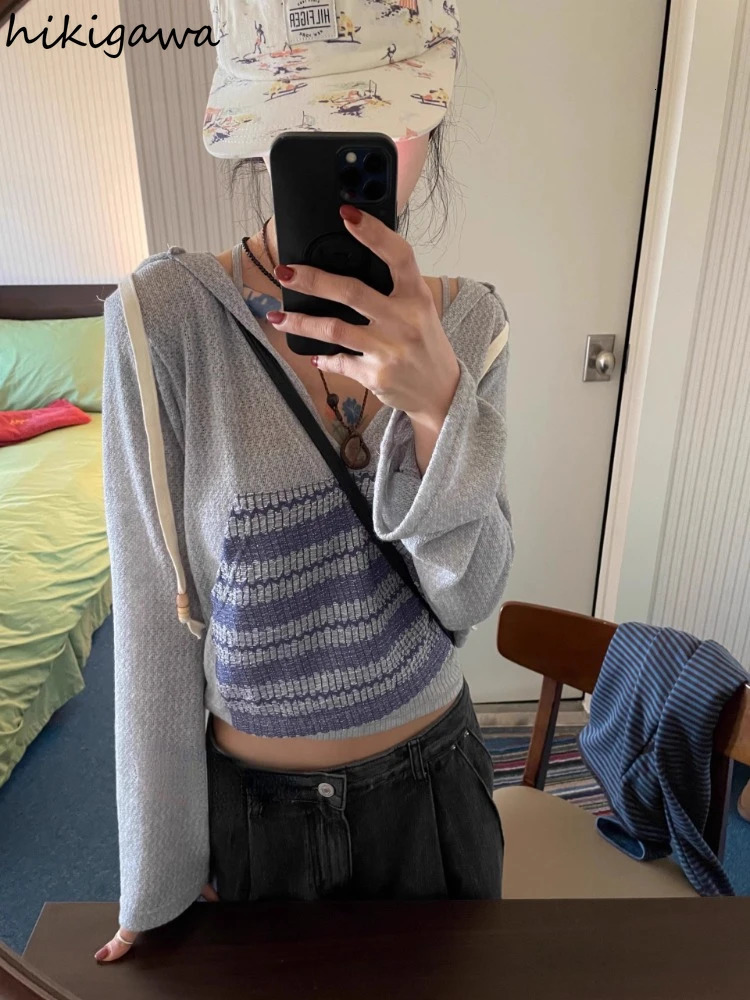Knitted T Shirts Women Clothes Patchwork Print Hooded Long Sleeve Crop Tops Ropa Mujer Casual Fashion Vintage Korean Tshirt 240715
