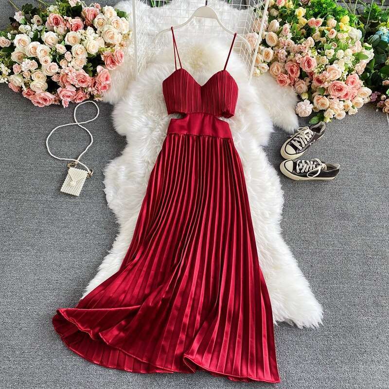 French Open Waisted Strapless Summer New Style, Elegant Socialite, High-end Pleated Camisole Long Dress, Formal Dress Self-cultivation Loose BOHO DRES