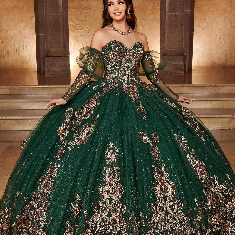 Emerald Green Sweet 16 Ball Gown Quinceanera Dress 2024 Off the Shoulder Beads Crystal Appliques Lace Vestidos De 15 Anos