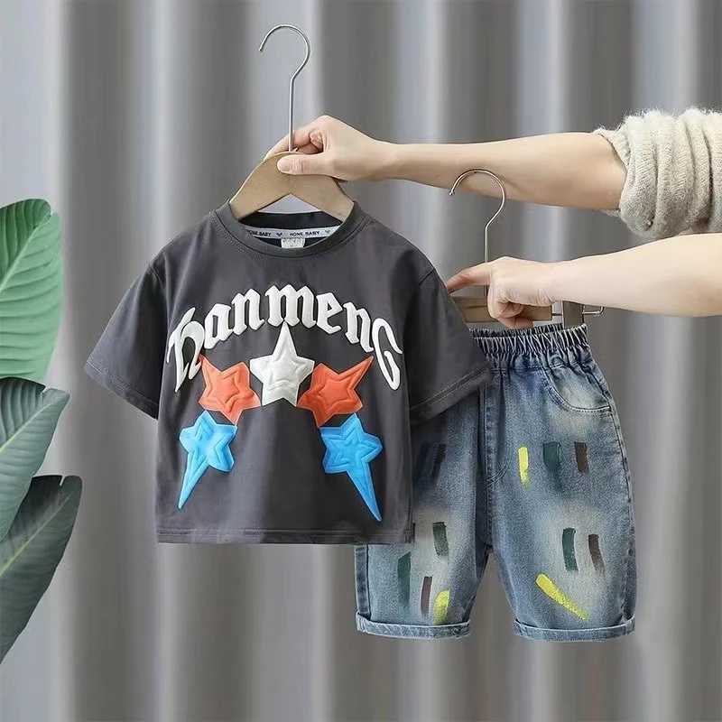 Clothing Sets Boys Summer Set 2024 New Boys Summer 3D Pattern Top+Denim Shorts Childrens Handsome Short Sleeve Two Piece Set Kids Outfits