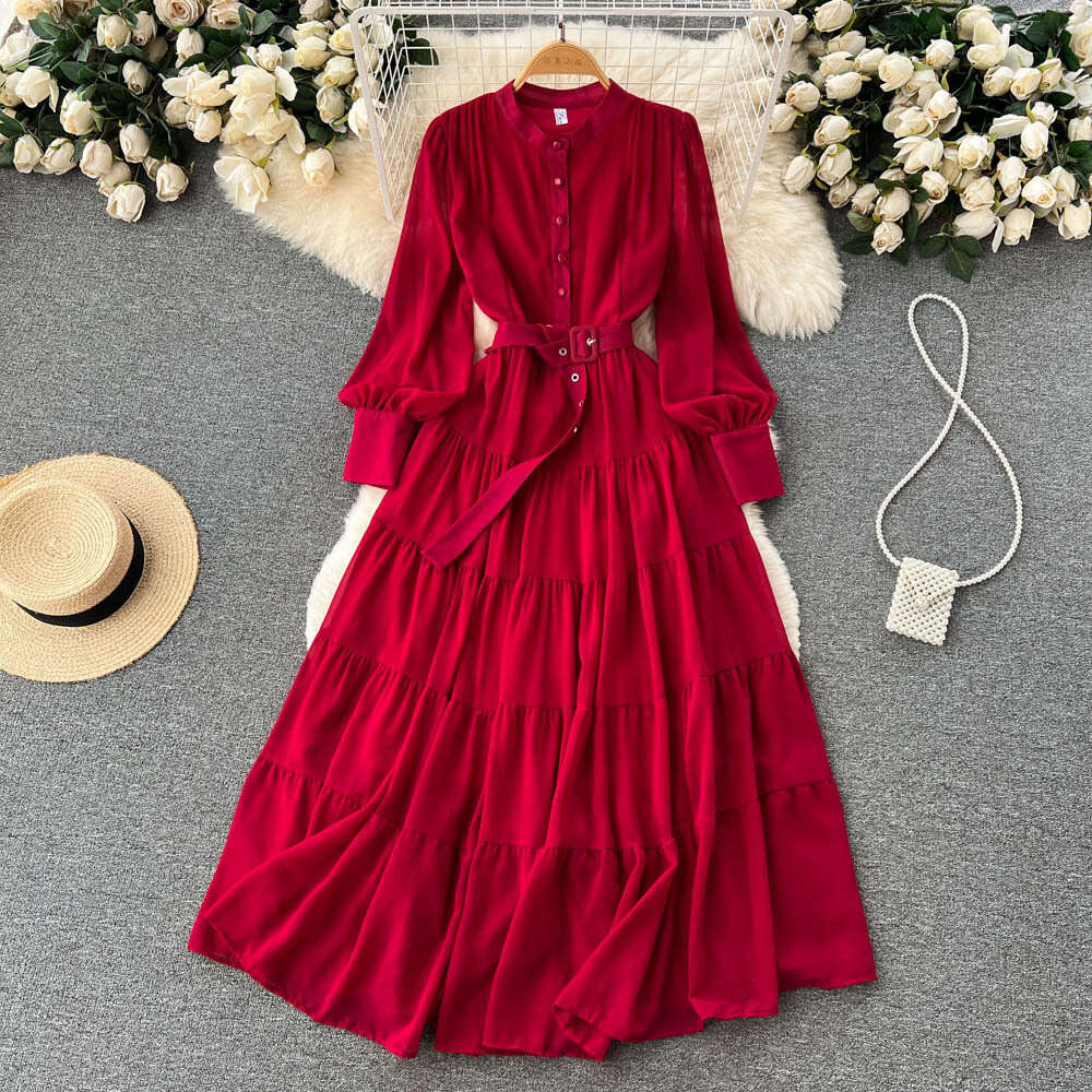 Spring New V-neck Single Breasted Chiffon Dress for Women French Style Waist Up Slimming and Large Hem A-line Long Skirt, Trendy Lace Dress Round Neck