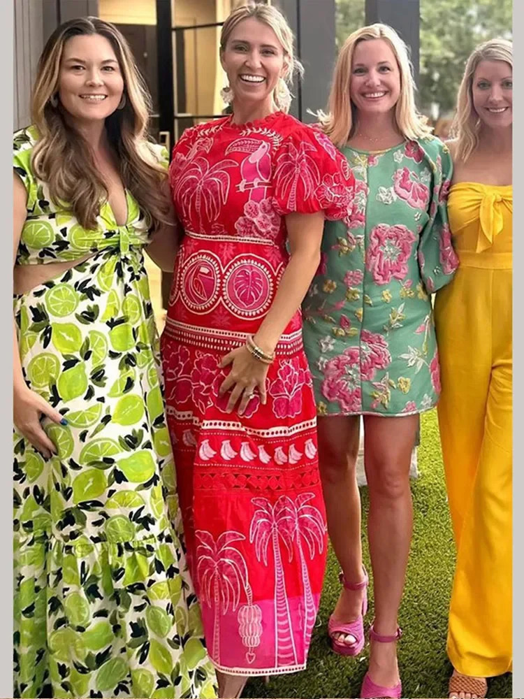 Fashion Red Print Puff Sleeve Lace Up Women Dress Elegant Vintage Casual O Neck Dresses Summer Female Chic High Street Robe 240715