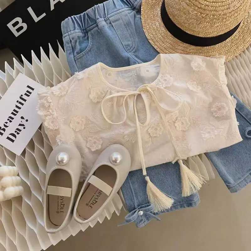 Clothing Sets Korean Childrens Clothing Set 2023 Spring and Autumn Girls 3D Flower Embroidery Shirt Baby Bow Style Top+Jeans Two Piece Set