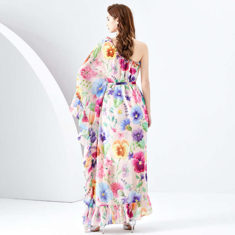 Spring/summer 2024- Vacation Style One Shoulder Wooden Ear Strap Long Wide Swing Printed Dress Bifurcated Sexy Self-cultivation Round Neck Dress Lace 