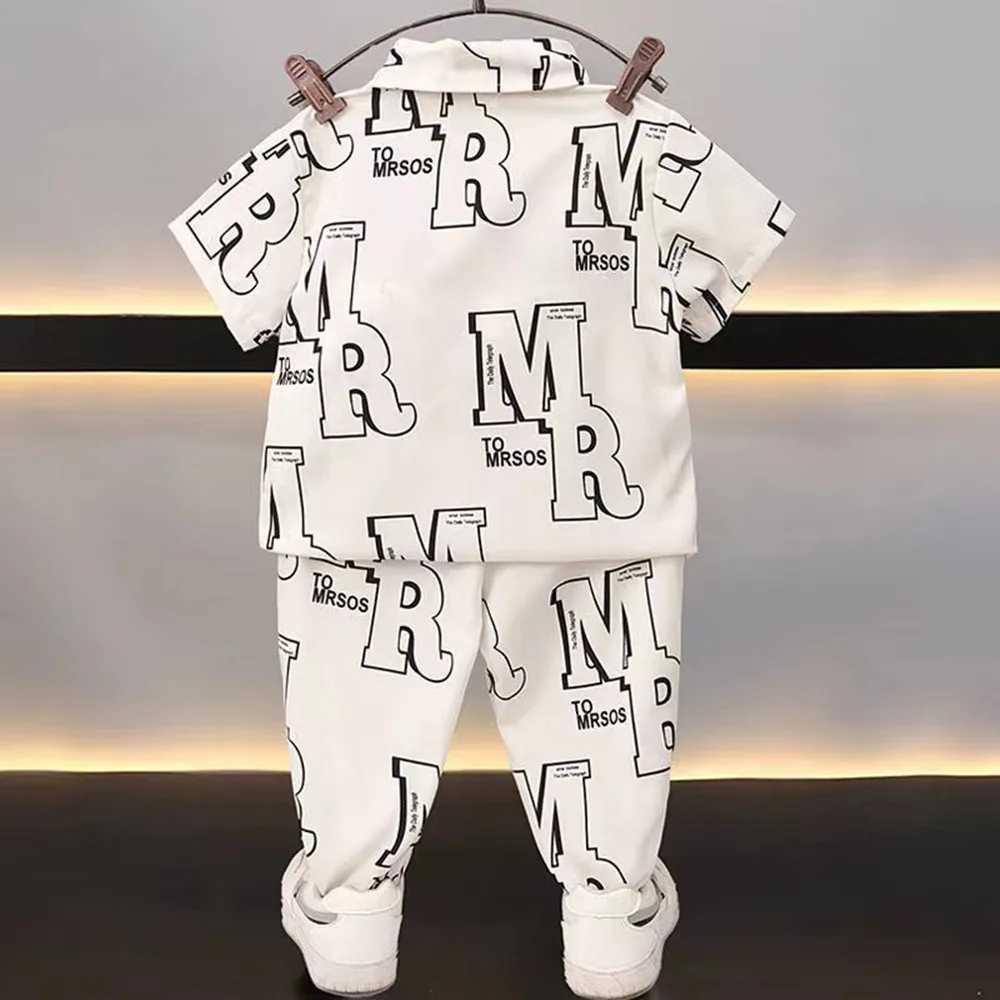Clothing Sets 2-9Y Teenage Boys Shirt Set 2024 New Handsome Childrens Summer Short Sleeve Letter Shirt +Long Pants Baby Boy Summer Clothing