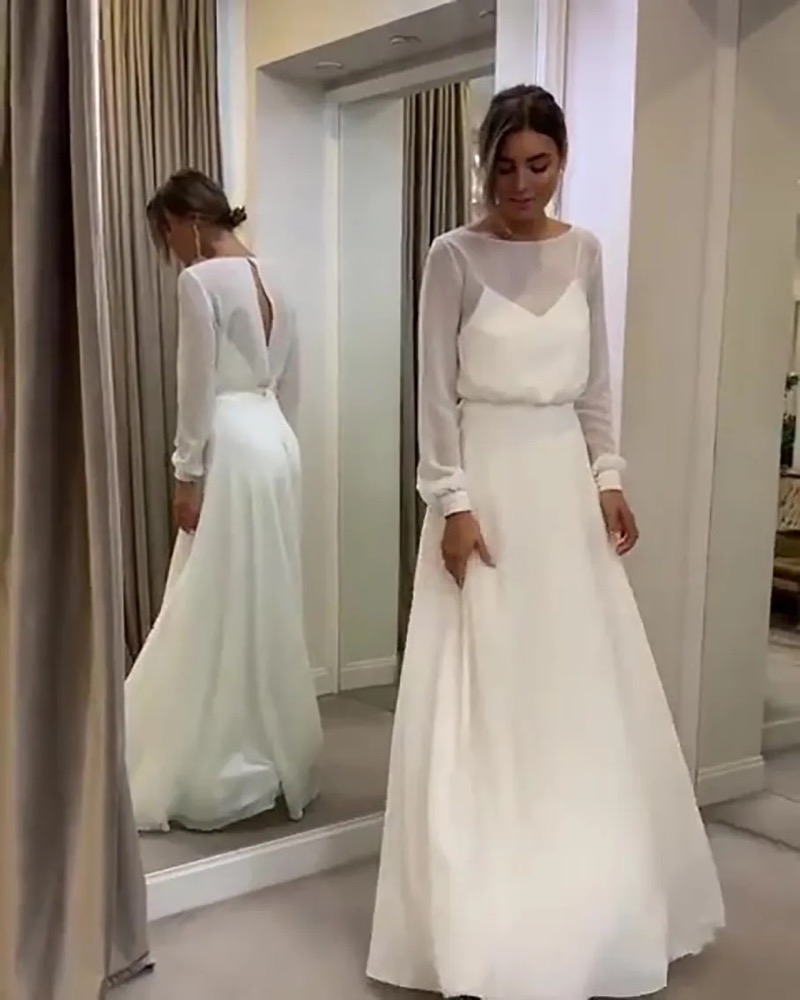 White Wedding Dresses Ivory Bridal Gowns Formal A Line Bateau Long Sleeve NONE Train Chiffon Custom Zipper Plus Size New