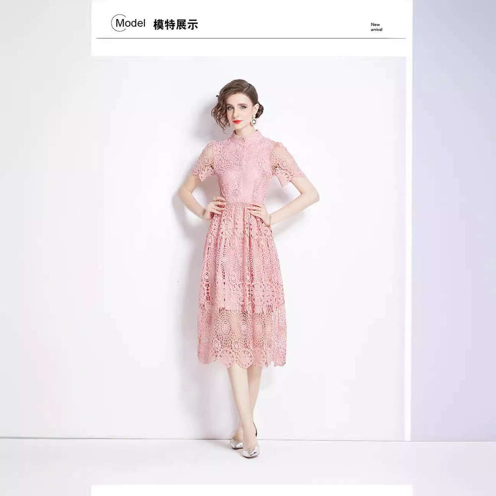 French Style Temperament Summer Female Niche, Water-soluble Lace Slim Fit Long Short Sleeved Dress, Can Be Worn on Weekdays Short Loose Lace Dress BOH